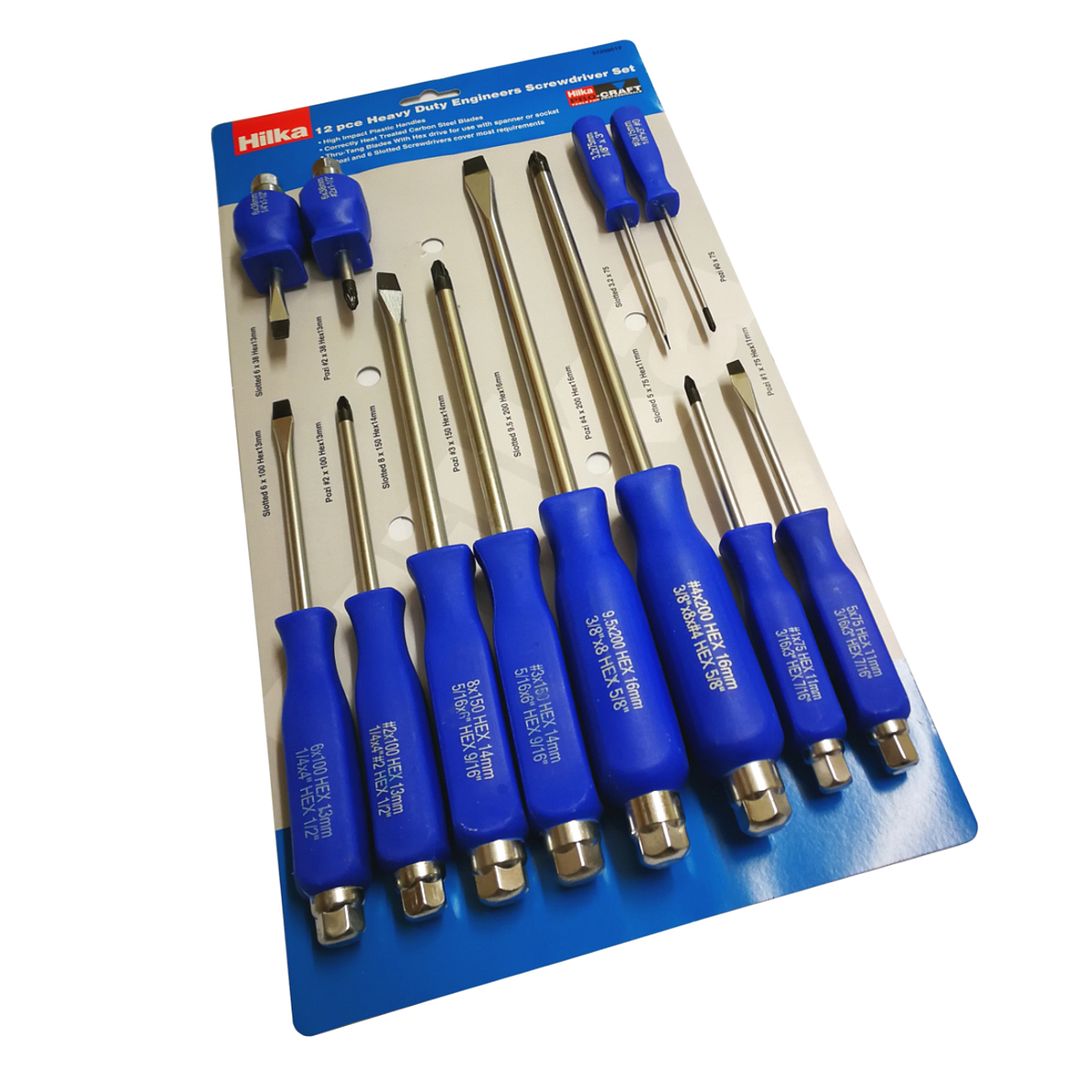 Hilka 12 Pce Heavy Duty Engineers Screwdriver Set Go Through Hex Drive